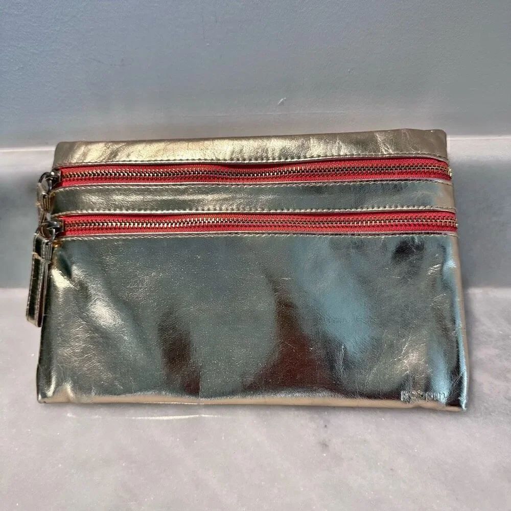Ipsy Gold Metallic Two Zippered Pocket Cosmetic Makeup Bag with Orange Trim